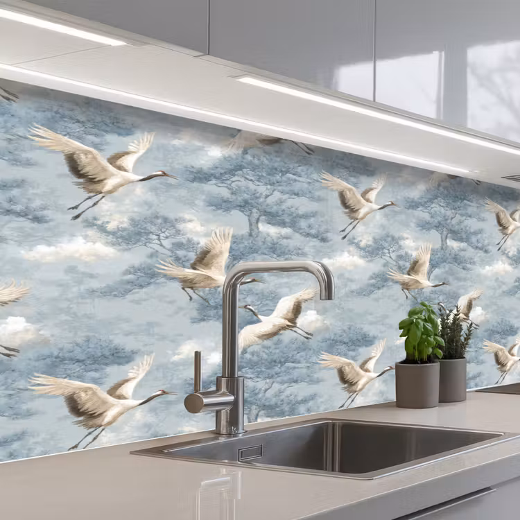 Wolken - Kraanvogels - Blauw keuken achterwand 2 middel 871 -3d_schuin
