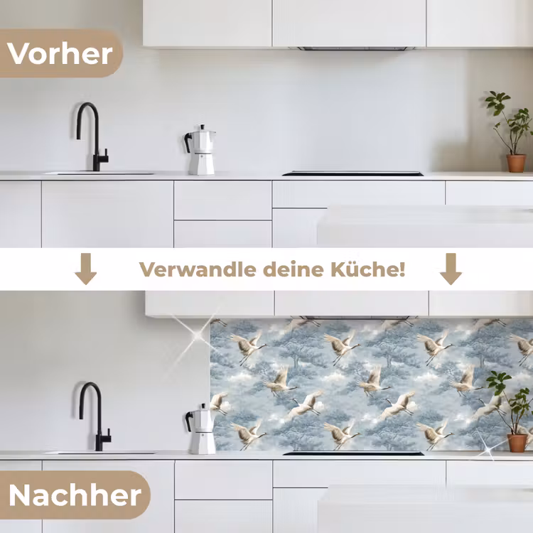 Wolken - Kraanvogels - Blauw keuken achterwand 2 middel 871 -voor-na_DE