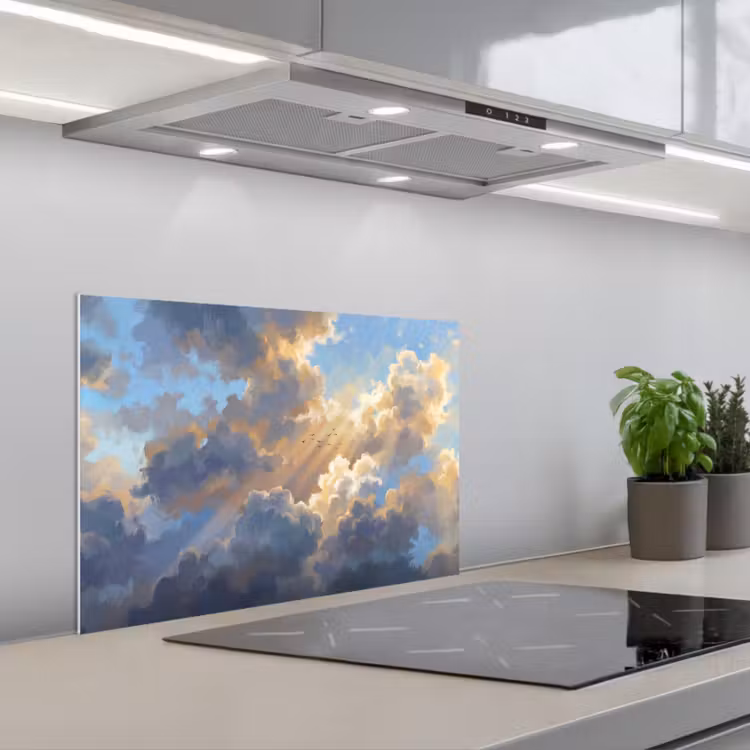 Wolken - Zonnestralen - Natuur - Abstract - Blauw keuken achterwand spatscherm klein -3d_schuin