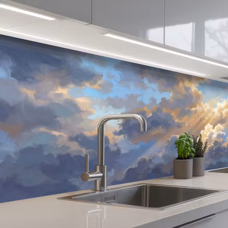 Wolken - Zonnestralen - Natuur - Abstract - Blauw keuken achterwand 2 middel -3d_schuin