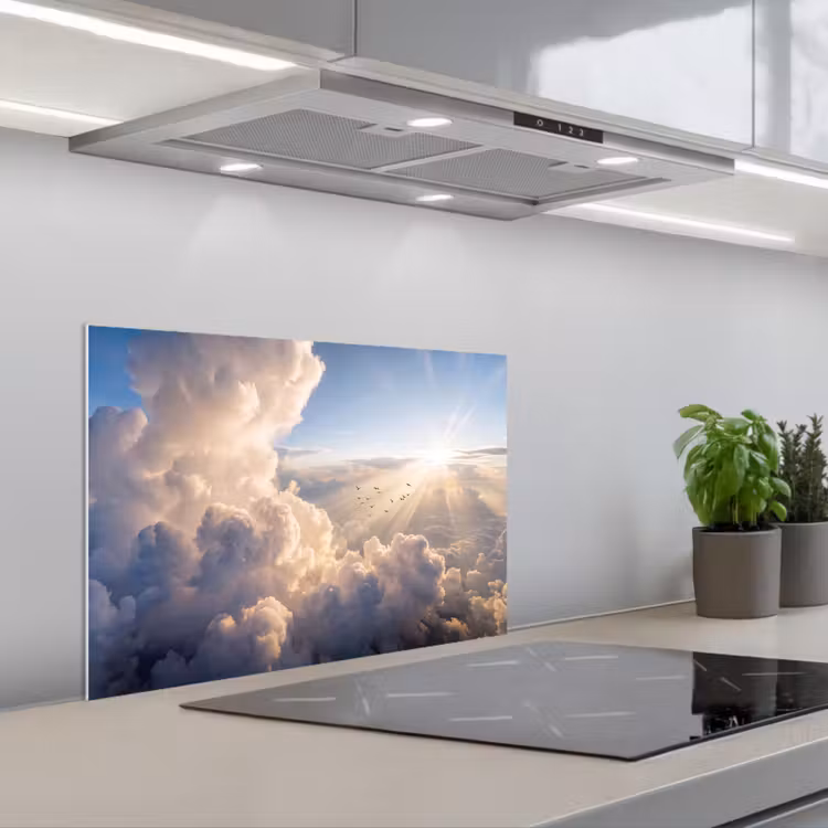 Wolken - Zonnestralen - Natuur - Wit keuken achterwand spatscherm klein -3d_schuin
