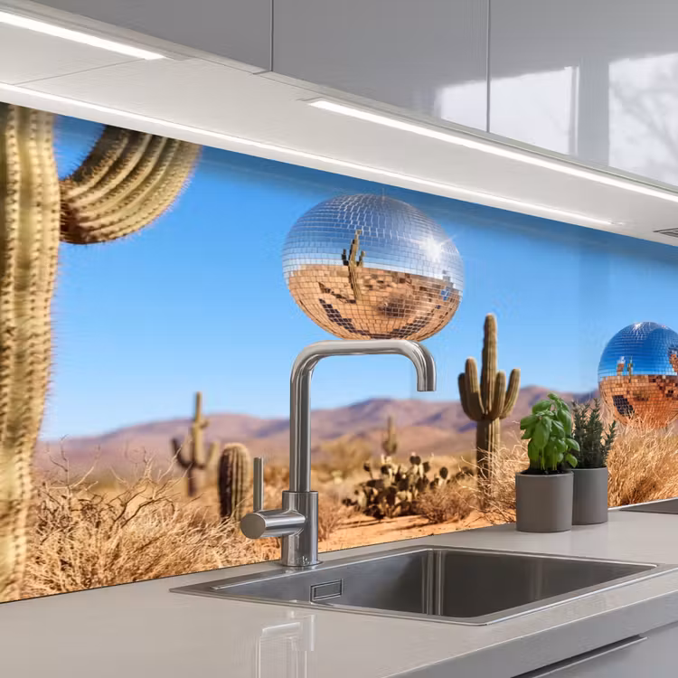 Küchenrückwand - Wüste – Spiegelkugel – Kunst - Woestijn - Spiegelbal - Kunst keuken achterwand 2 middel