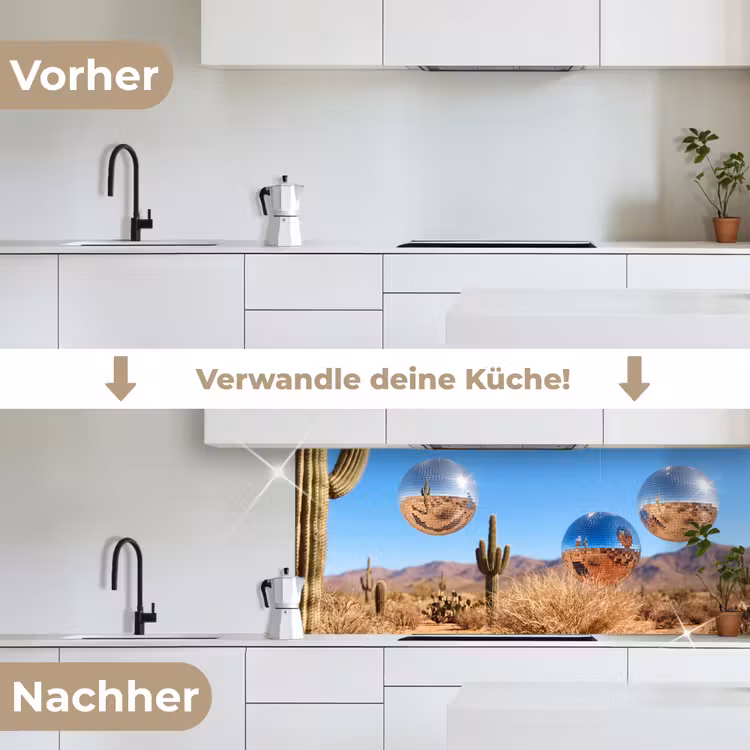 Küchenrückwand - Wüste – Spiegelkugel – Kunst - Woestijn - Spiegelbal - Kunst keuken achterwand 2 middel