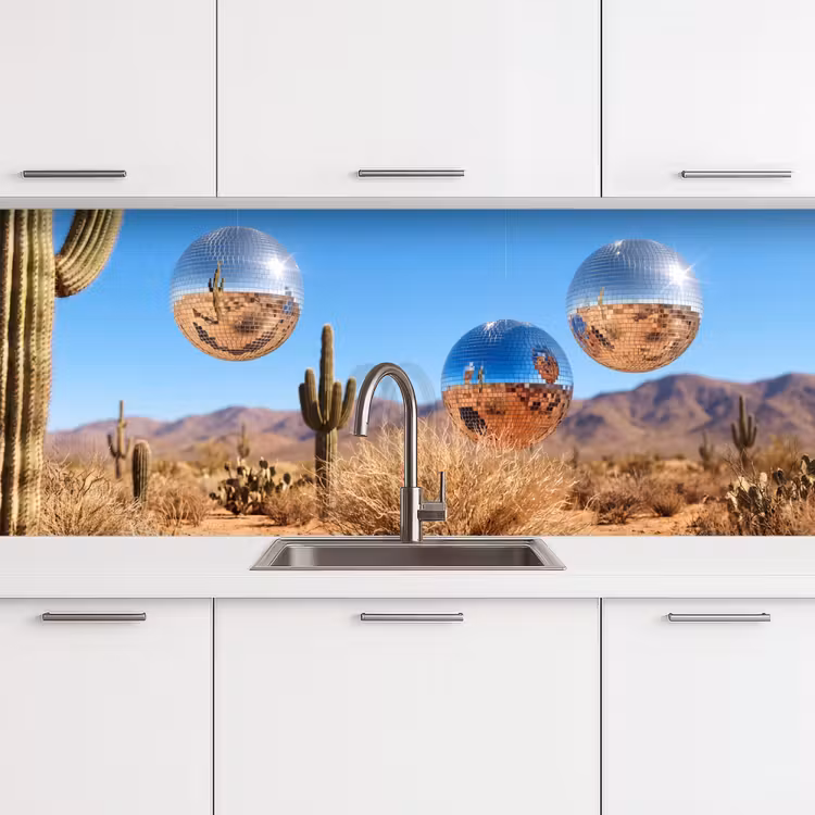 Küchenrückwand - Wüste – Spiegelkugel – Kunst - Woestijn - Spiegelbal - Kunst keuken achterwand 2 middel