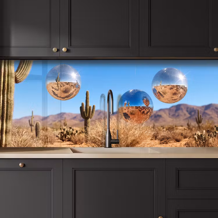 Küchenrückwand - Wüste – Spiegelkugel – Kunst - Woestijn - Spiegelbal - Kunst keuken achterwand 2 middel