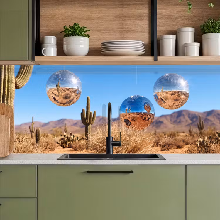 Küchenrückwand - Wüste – Spiegelkugel – Kunst - Woestijn - Spiegelbal - Kunst keuken achterwand 2 middel