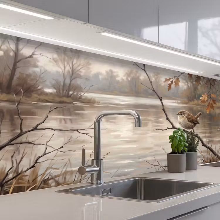 Winterkoninkje - Tak - Rivier - Natuur - Sfeervol keuken achterwand 2 middel -3d_schuin