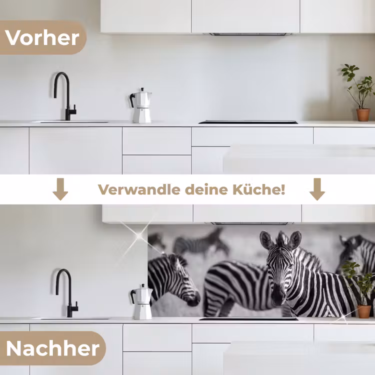 Zebra's - Zwart - Wit keuken achterwand 2 middel -voor-na_DE