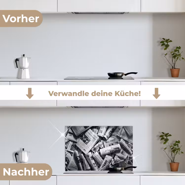Krant - Stapel - Nieuws - Zwart-wit keuken achterwand spatscherm klein -voor_na_DE