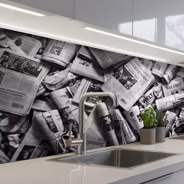 Krant - Stapel - Nieuws - Zwart-wit keuken achterwand 2 middel -3d_schuin