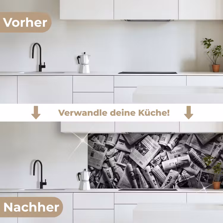 Krant - Stapel - Nieuws - Zwart-wit keuken achterwand 2 middel -voor-na_DE