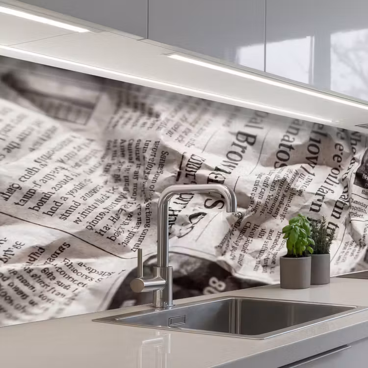 Krant - Gekreukeld - Textuur - Vintage - Zwart-wit keuken achterwand 2 middel -3d_schuin