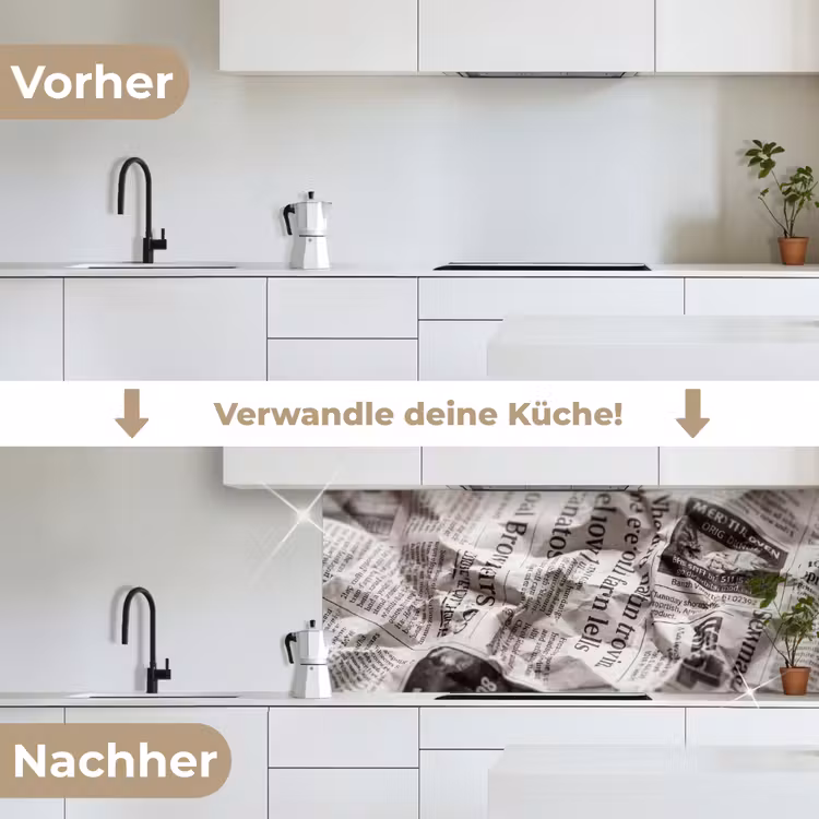 Krant - Gekreukeld - Textuur - Vintage - Zwart-wit keuken achterwand 2 middel -voor-na_DE