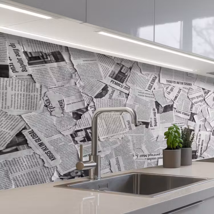 Krant - Versnipperd - Textuur - Zwart-wit - Abstract keuken achterwand 2 middel -3d_schuin
