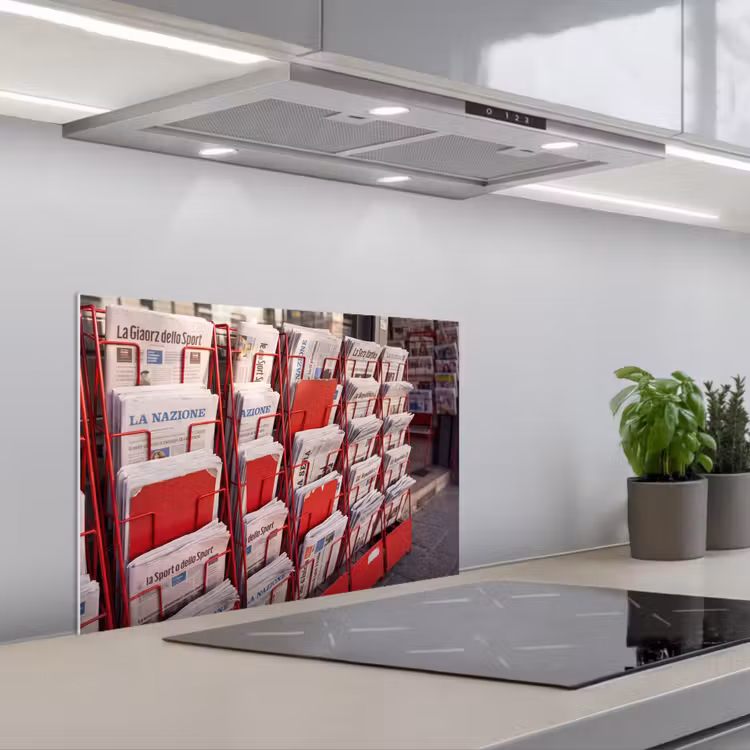 Kranten - Rek - Stedelijk - Dagelijks leven - Rood keuken achterwand spatscherm klein -3d_schuin