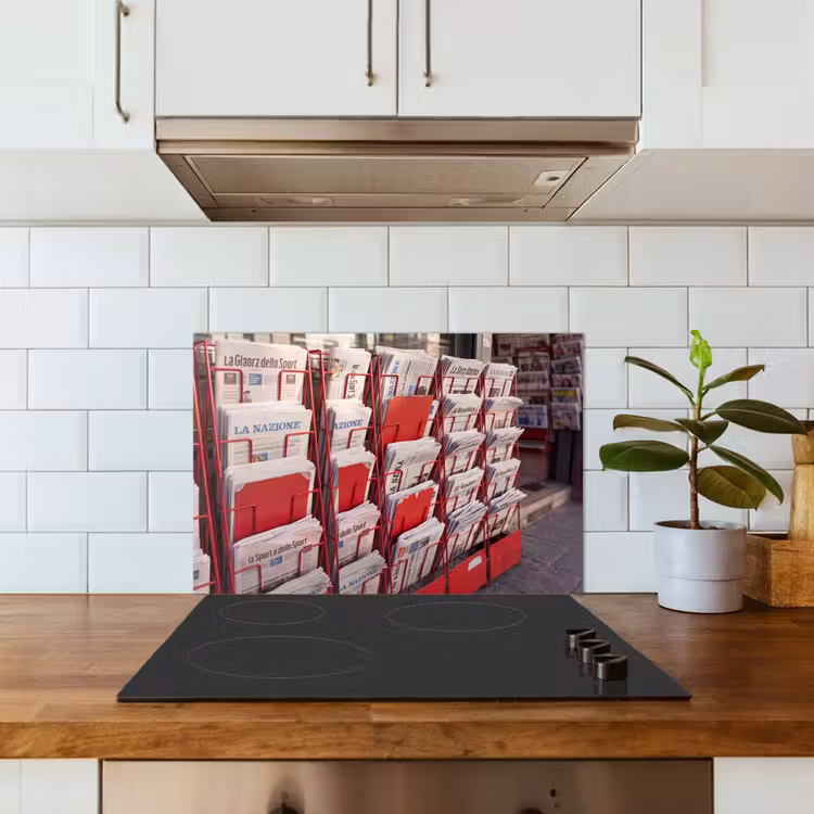 Kranten - Rek - Stedelijk - Dagelijks leven - Rood keuken achterwand spatscherm klein -sfeer2