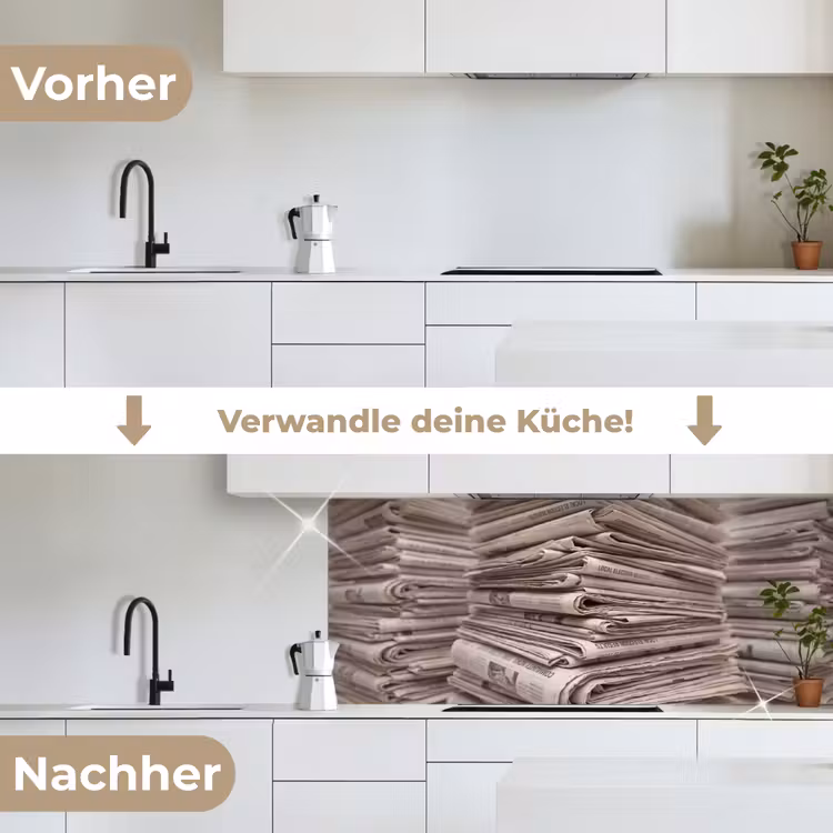 Kranten - Stapel - Nieuws - Vintage - Beige keuken achterwand 2 middel -voor-na_DE