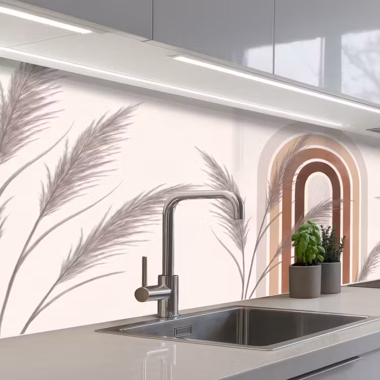 Abstract - Bogen - Plant - Boho - Beige keuken achterwand 2 middel -3d_schuin