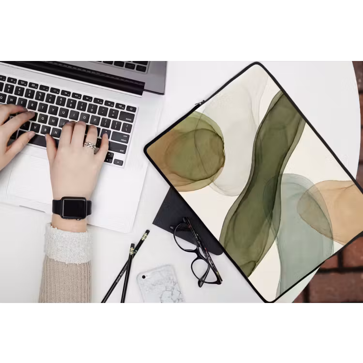 Abstract - Vormen - Modern - Kunst - Groen - Bruin laptophoes neopreen klein -bureau