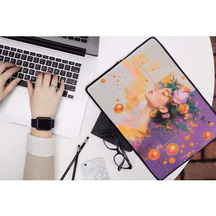 Abstract - Vrouw - Bloemenkroon - Goud laptophoes neopreen klein -bureau
