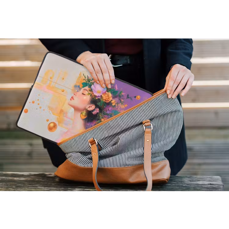 Abstract - Vrouw - Bloemenkroon - Goud laptophoes neopreen klein -tas
