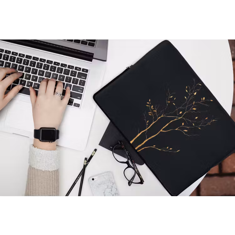 Takken - Blaadjes - Zwart laptophoes neopreen klein -bureau