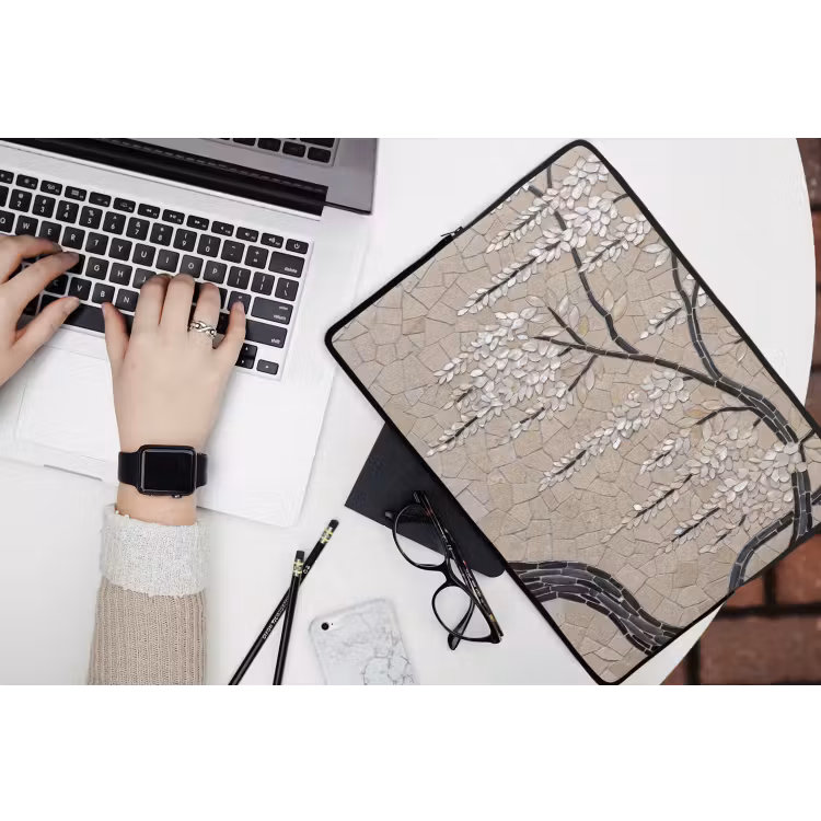 Boom - Bloemen - Mozaïek - Kunst - Wit laptophoes neopreen klein -bureau