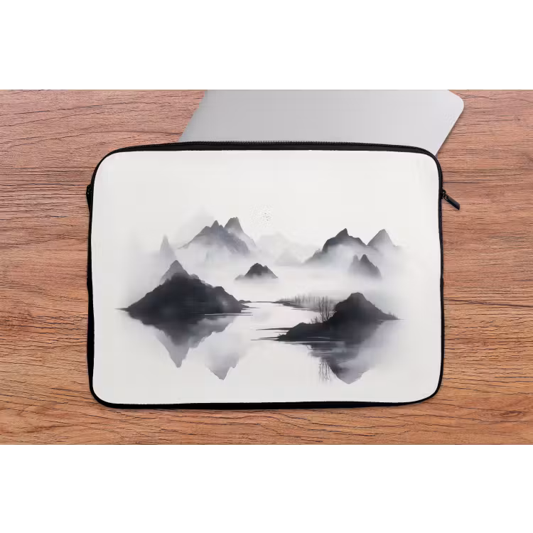 Bergen - Mistig - Water - Wit laptophoes neopreen klein -tafel