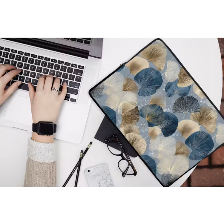 Bladeren - Abstract - Goud - Blauw laptophoes neopreen klein -bureau