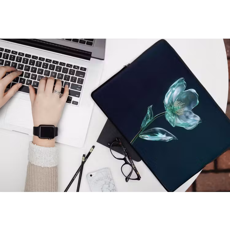 Bladeren - Bloem - Glazen - Donkerblauw laptophoes neopreen klein -bureau