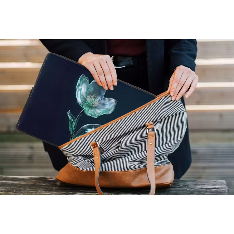 Bladeren - Bloem - Glazen - Donkerblauw laptophoes neopreen klein -tas