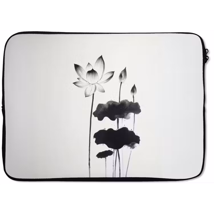 Bladeren - Zwart - Lotusbloem - Minimalitisch laptophoes neopreen klein -zkaufland3dotto