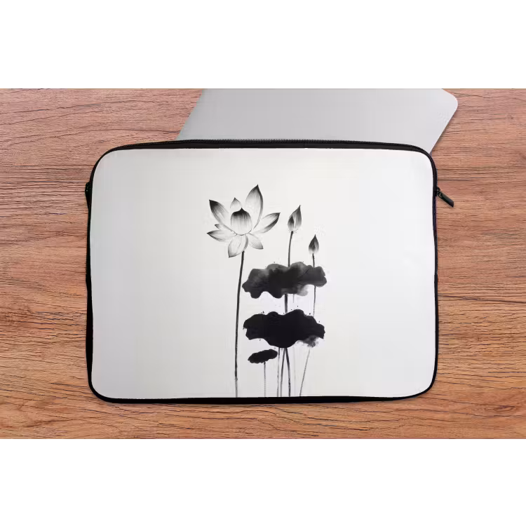 Bladeren - Zwart - Lotusbloem - Minimalitisch laptophoes neopreen klein -tafel