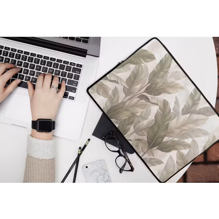 Bladeren - Tropisch - Natuur - Abstract - Beige laptophoes neopreen klein -bureau