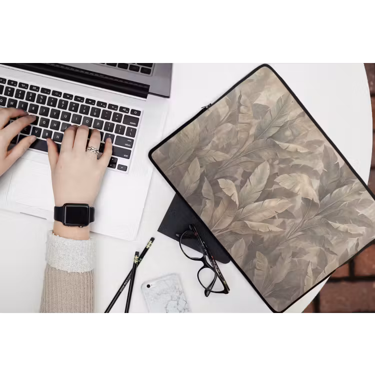 Bladeren - Tropisch - Natuur - Modern - Beige laptophoes neopreen klein -bureau