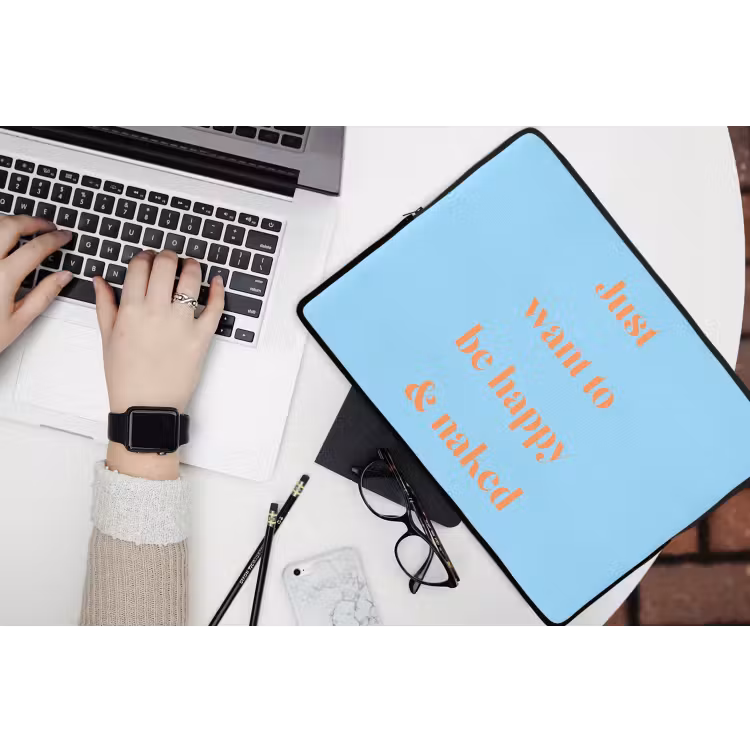 Blauw - Oranje - Just want to be happy & naked laptophoes neopreen klein -bureau