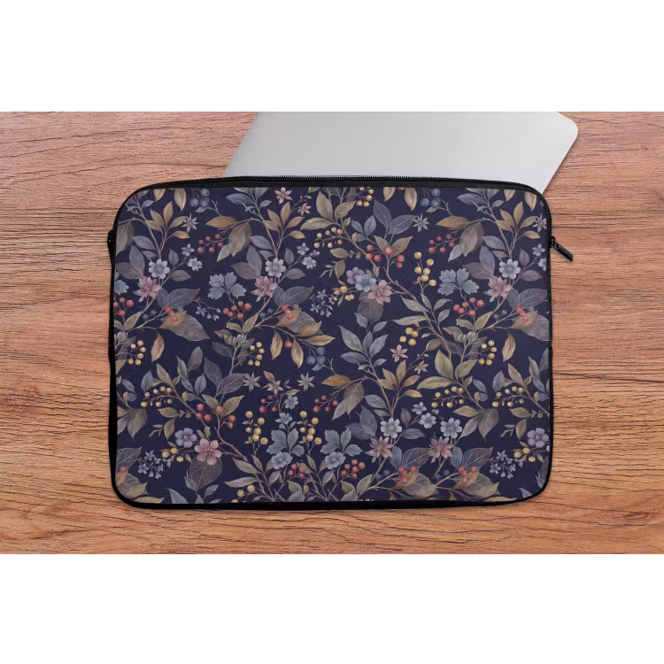 Bloemen - Bladeren - Patroon - Botanisch - Donkerblauw laptophoes neopreen klein -tafel