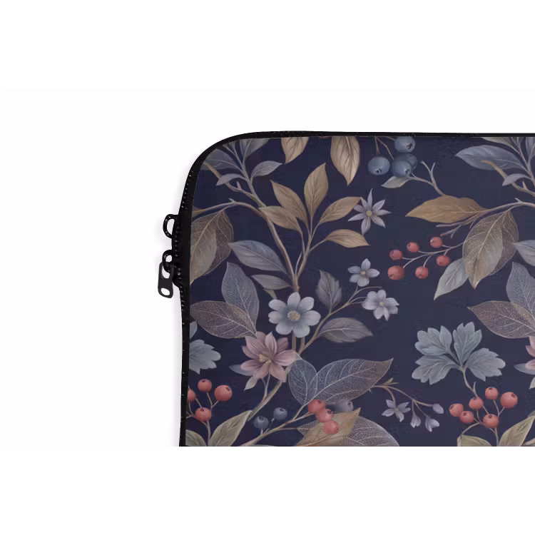 Bloemen - Bladeren - Patroon - Botanisch - Donkerblauw laptophoes neopreen klein -detail