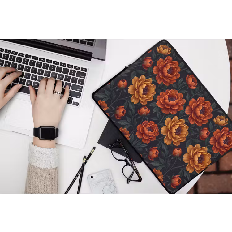 Bloemen - Bladeren - Natuur - Modern - Oranje laptophoes neopreen klein -bureau
