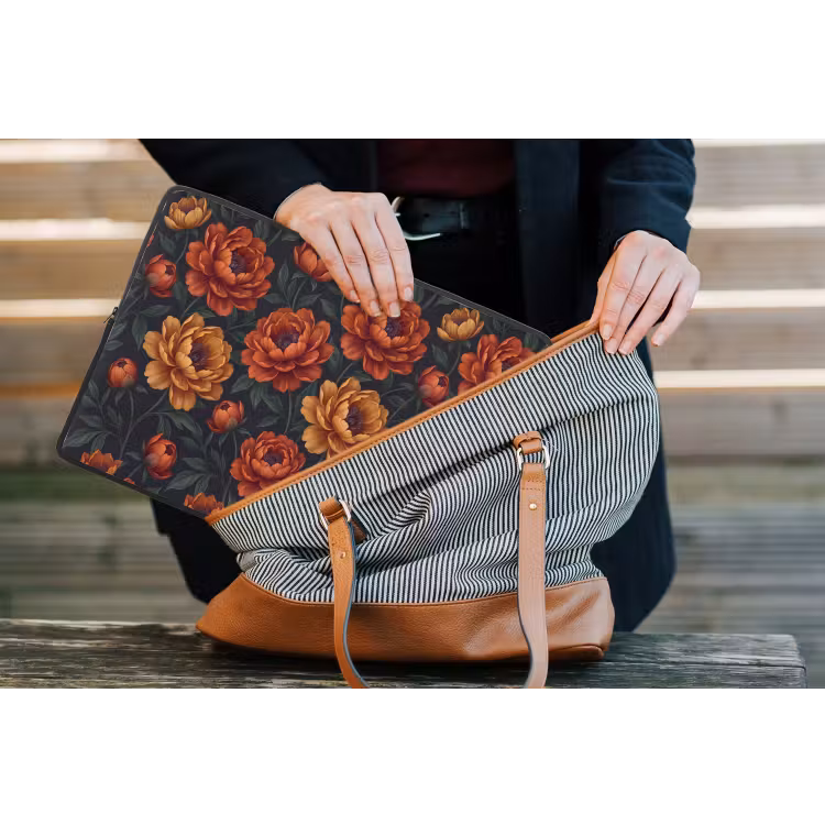 Bloemen - Bladeren - Natuur - Modern - Oranje laptophoes neopreen klein -tas