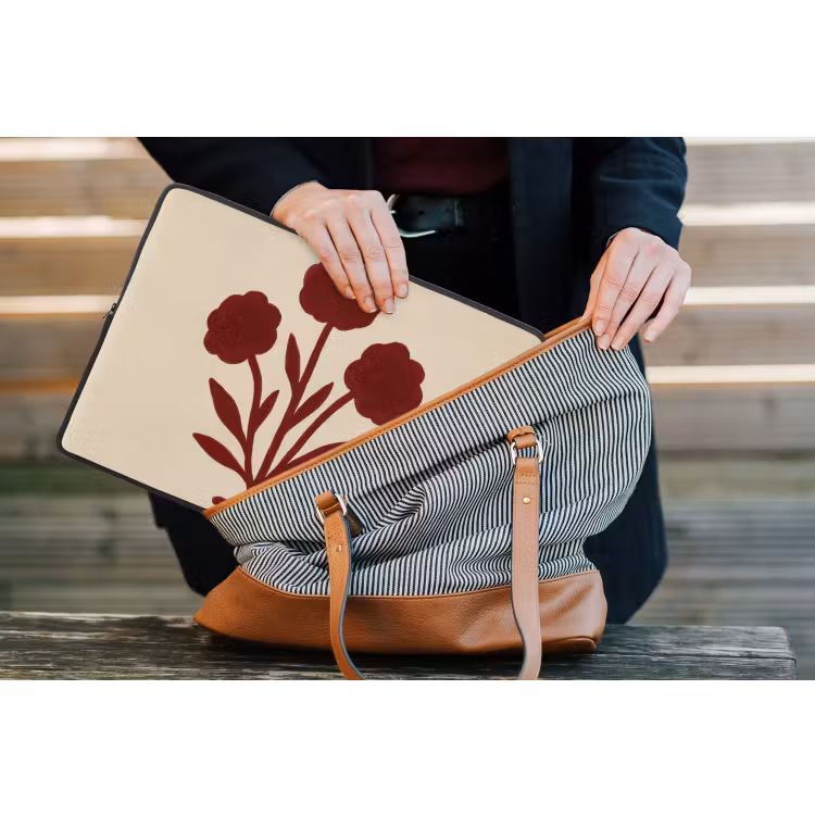 Bloemen - Bladeren - Rood - Minimalistisch laptophoes neopreen klein -tas