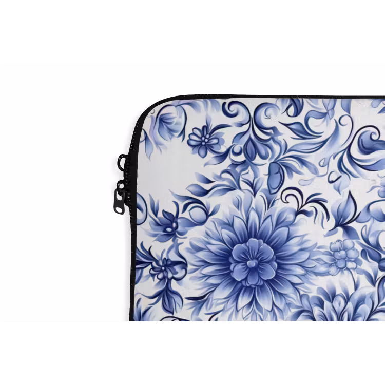 Bloemen - Blauw - Patroon - Wit laptophoes neopreen klein 279 -detail