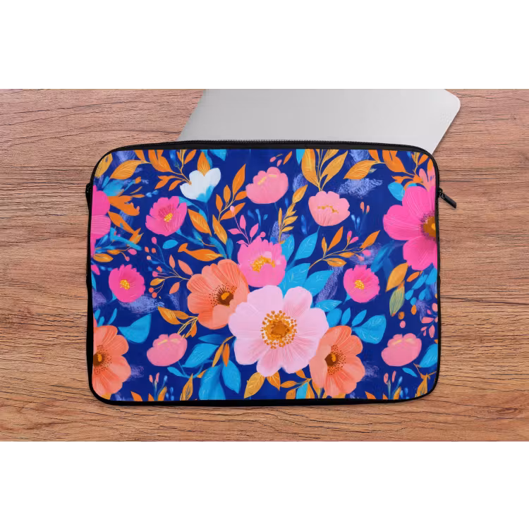 Bloemen - Blauw - Roze laptophoes neopreen klein -tafel