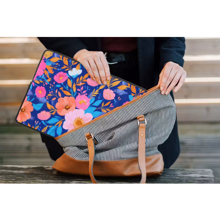 Bloemen - Blauw - Roze laptophoes neopreen klein -tas