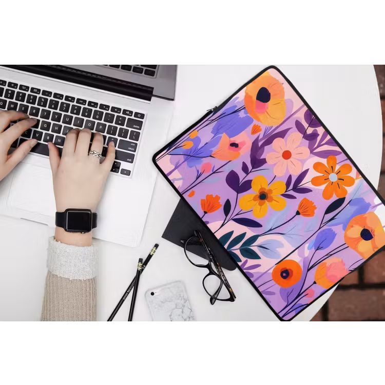 Bloemen - Kleurrijk - Bladeren laptophoes neopreen klein -bureau