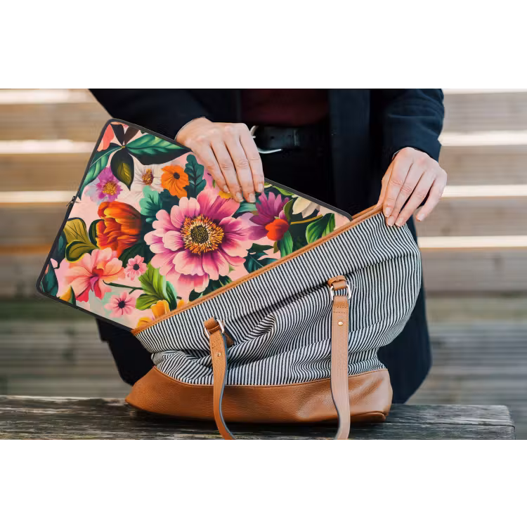 Bloemen - Kleurrijk - Roze laptophoes neopreen klein -tas