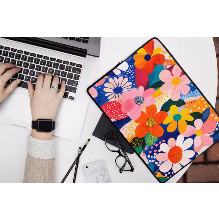 Bloemen - Kleurrijk - Stippen laptophoes neopreen klein -bureau