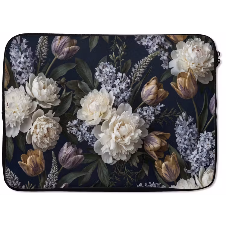 Bloemen - Donker - Elegant - Natuur - Wit laptophoes neopreen klein -zkaufland3dotto