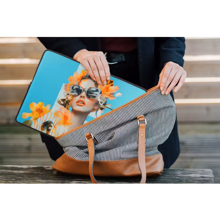 Bloemen - Vrouw - Zonnebril - Blauw laptophoes neopreen klein -tas