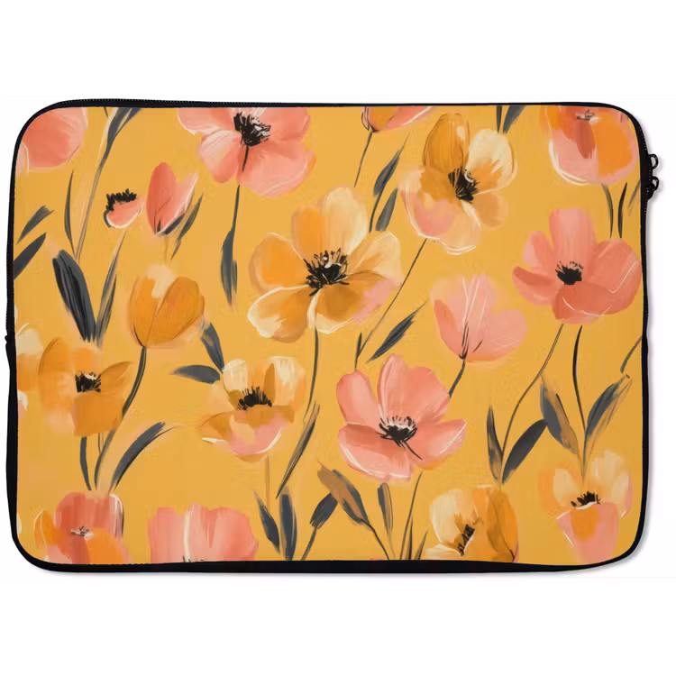 Bloemen - Geschilderd - Geel laptophoes neopreen klein -zkaufland3dotto